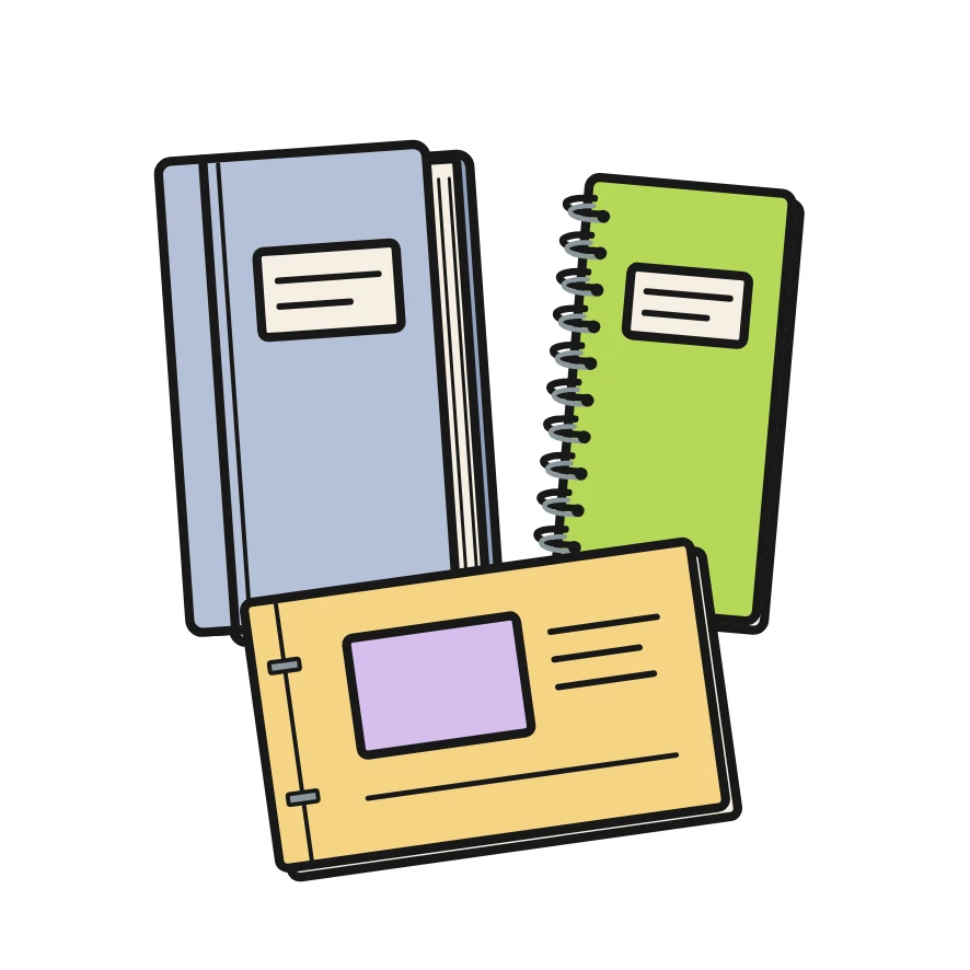 Illustratie van gedrukte boeken en een brochure met wire-o binding
