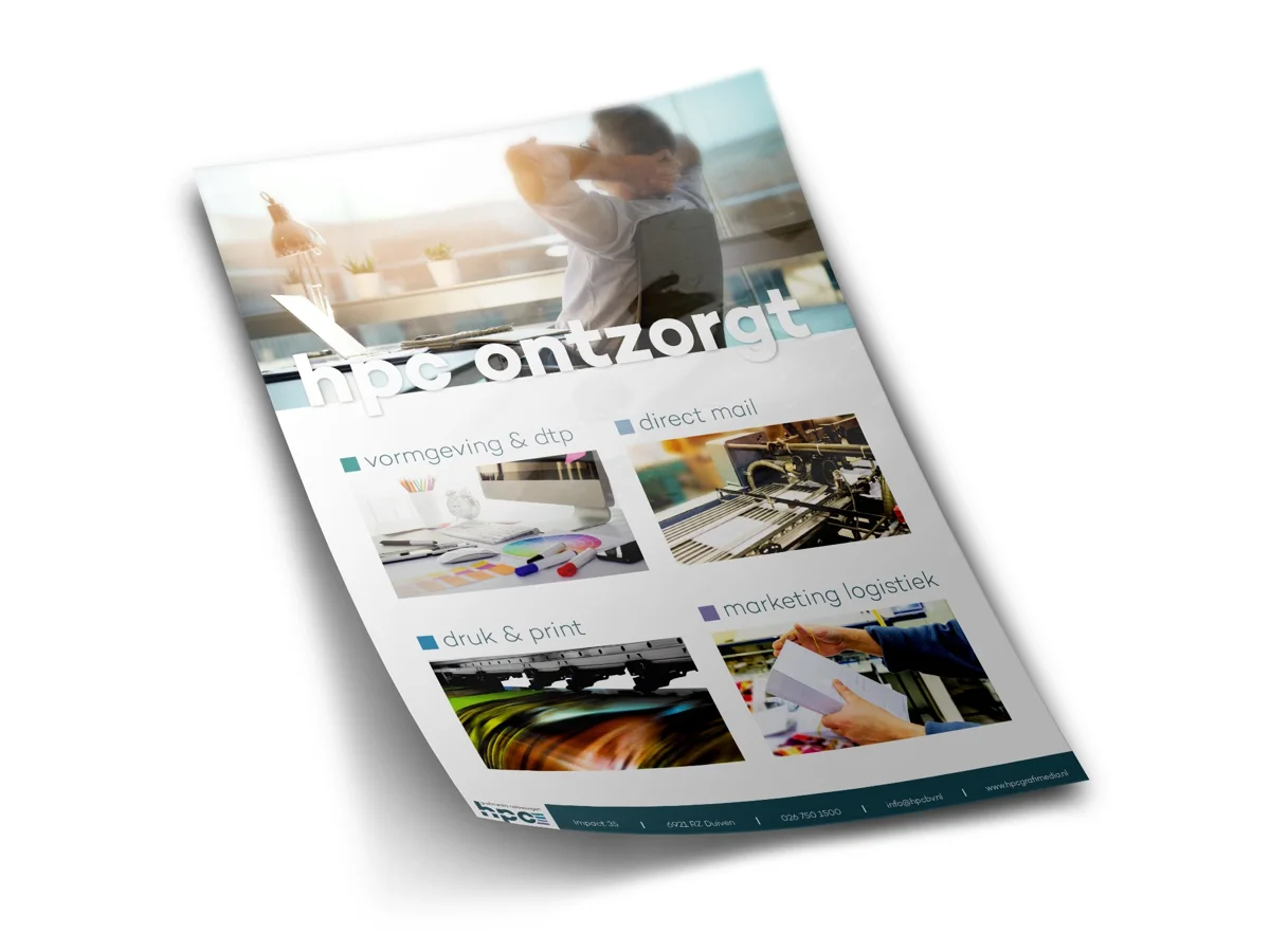 Flyer van HPC Grafimedia met vormgeving, direct mail, druk en print en marketing logistiek