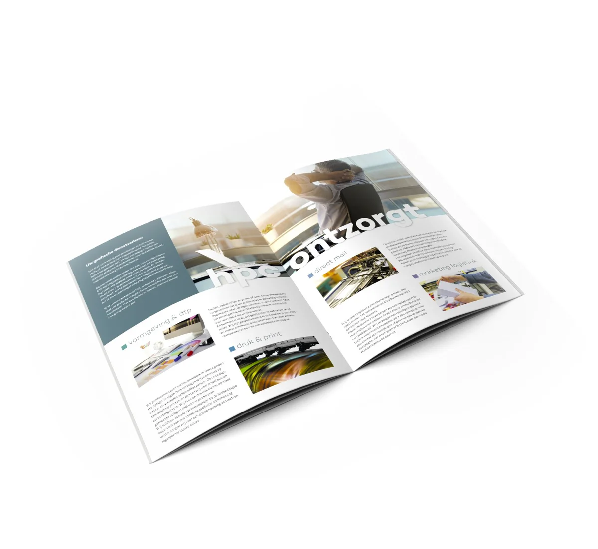 Opengeslagen folder van HPC Grafimedia met vormgeving, druk en print, direct mail en marketing logistiek