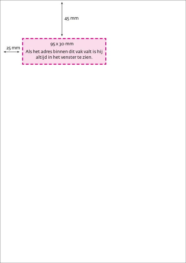 A4-brief met het adresvak van 95 x 30 mm op 25 mm van links en 45 mm van boven